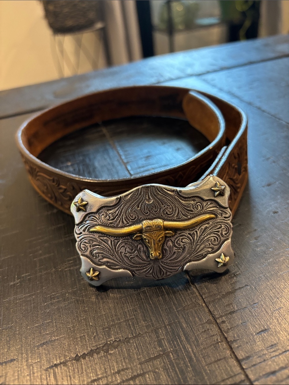 Tony Lama Genuine Leather with Steer Buckle Brown Tooled Belt USA Western 22”